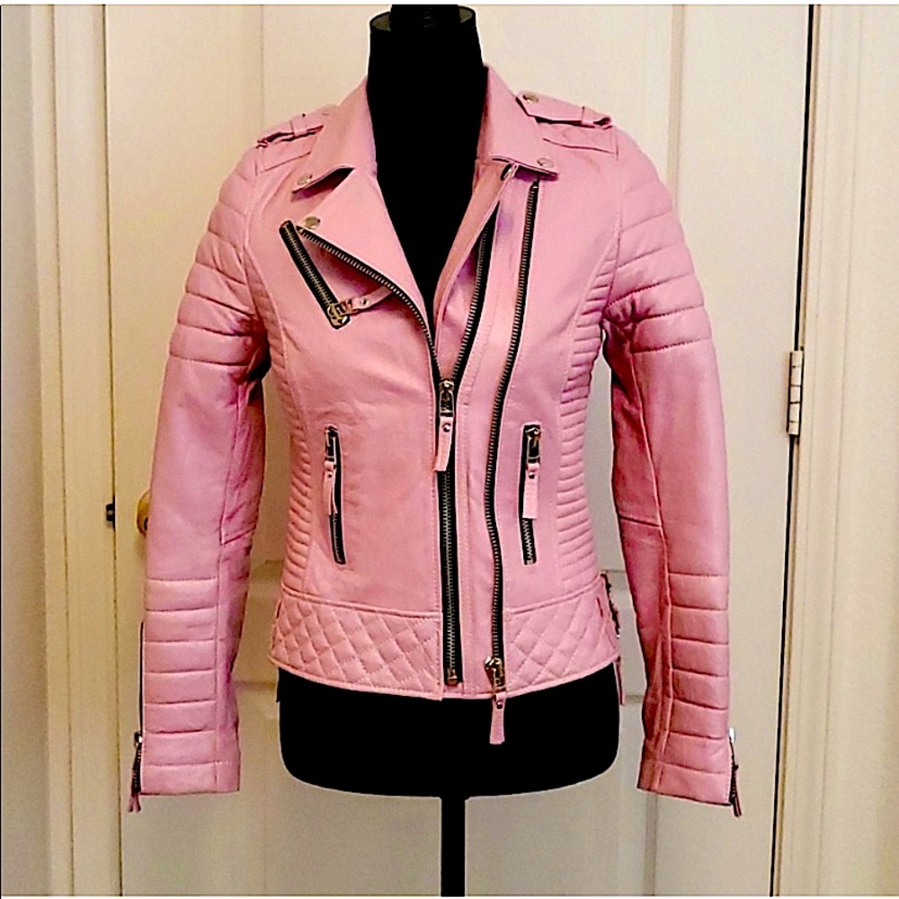 Pink Quilted Moto Leather Jacket - Women